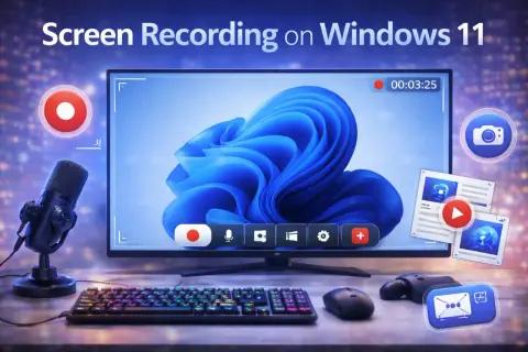 Chcesz wiedzieć, jak nagrac ekran Windows? Zobacz ten zestaw do nagrywania: monitor z ikonami, mikrofon, klawiatura i myszka.