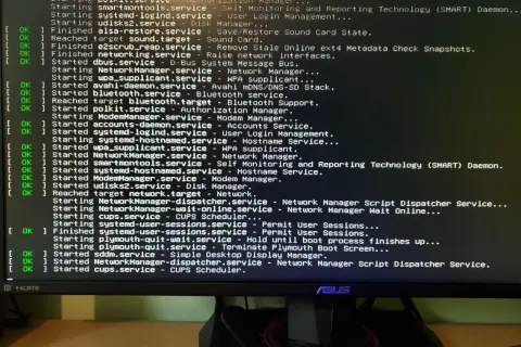 Ekran z logami startowymi systemu Linux, widoczne są komunikaty o uruchamianiu usług, w tym NetworkManager i dkms.