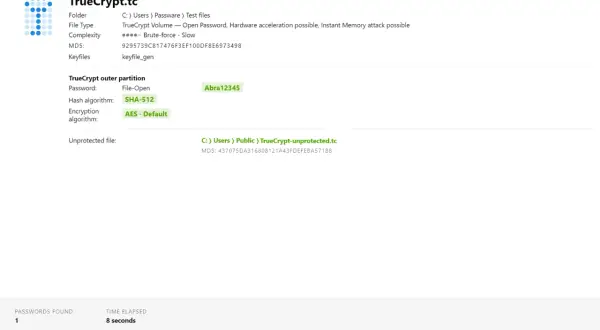 Odzyskiwanie hasła do pliku TrueCrypt.tc, użyto algorytmu SHA-512 i AES. Znaleziono 1 hasło.