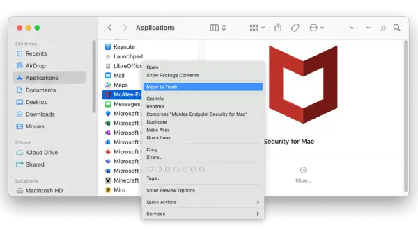 Jak odinstalować McAfee na Macu? Kliknij prawym przyciskiem myszy na ikonę aplikacji McAfee Endpoint Security i wybierz "Przenieś do kosza".