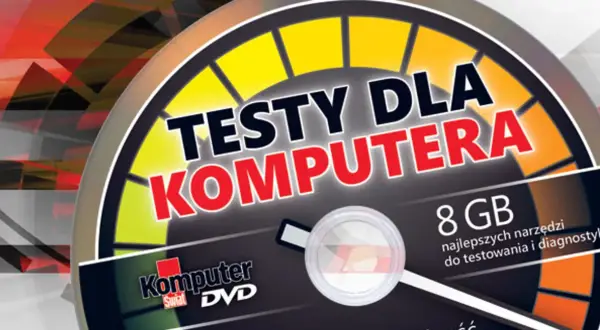 Grafika przedstawia wskaźnik prędkości z napisem "Testy dla komputera". Obok widnieje logo "Komputer Świat DVD" i informacja o 8 GB najlepszych narzędzi do testowania i diagnostyki.