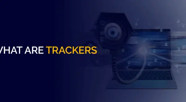Co to trackery? Dwie kamery przypominające oczy obserwują laptop z kodem. Symbolizują śledzenie danych.