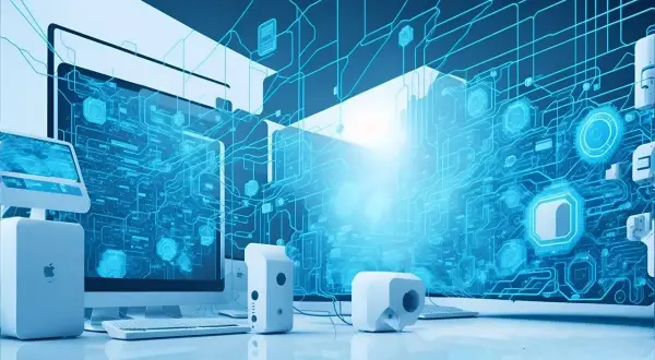 Nowoczesne komputery z niebieskim, cyfrowym interfejsem, symbolizującym aktualizację systemu i postęp technologiczny.