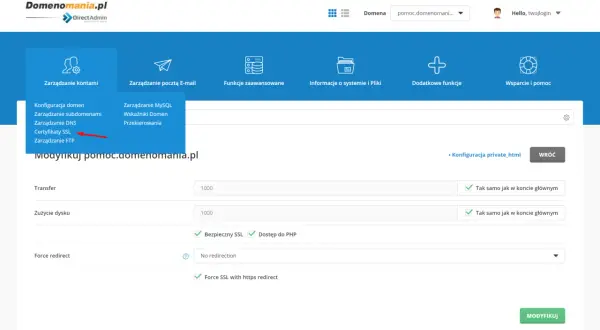 Panel DirectAdmin, menu "Zarządzanie kontami", opcja "Certyfikaty SSL". Umożliwia to konfigurację zabezpieczeń, np. z Let's Encrypt.
