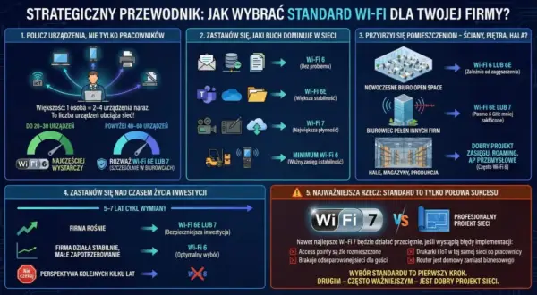 Przewodnik po wyborze standardu Wi-Fi dla firmy: analizuje liczbę urządzeń, ruch w sieci, pomieszczenia, cykl życia inwestycji i znaczenie dobrego projektu sieci, by zapewnić optymalną sieć wewnętrzną.