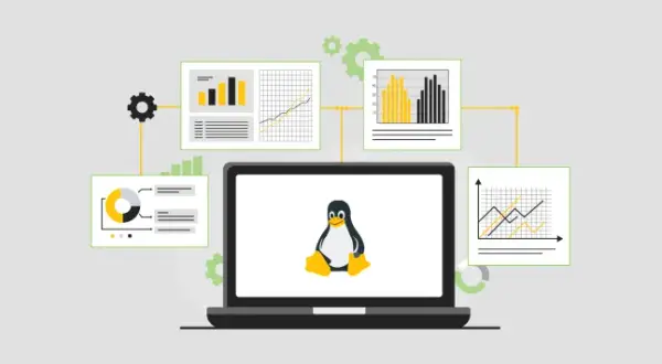 Grafiki i wykresy otaczają laptop z pingwinem Tuxem, symbolizując analizę danych i zasady cyberbezpieczeństwa w systemie Linux.