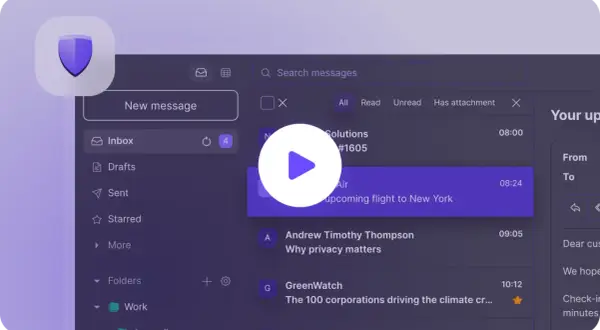 Interfejs poczty e-mail, przypominający Tutanota czy ProtonMail, z ikoną tarczy i listą wiadomości.