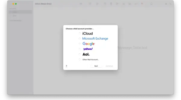 Okno wyboru dostawcy konta mailowego w aplikacji Mail. Dostępne opcje to iCloud, Microsoft Exchange, Google, Yahoo, AOL oraz inne konto mailowe.