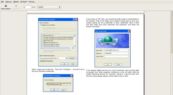 Konfiguracja Protected EAP, okno Enter Credentials z danymi logowania do sieci, gdzie używany jest radius server.