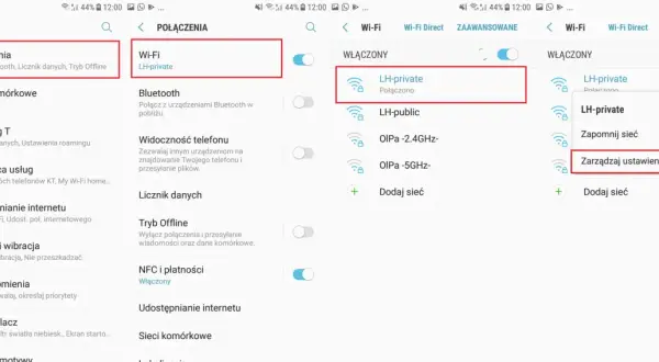 Jak zmienić DNS? Na ekranie telefonu widać opcje "Połączenia", "Wi-Fi", a następnie "Zarządzaj ustawieniami sieciowymi".