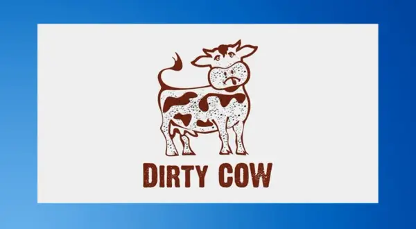 Brązowa krowa z plamami, z wyrazem twarzy sugerującym niechęć. Pod spodem napis "DIRTY COW".