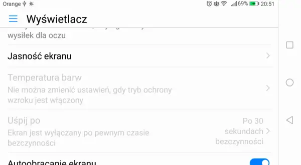 Ustawienia wyświetlacza: Jasność ekranu, Temperatura barw, Uśpij po (jak zmienić czas wygaszania ekranu).