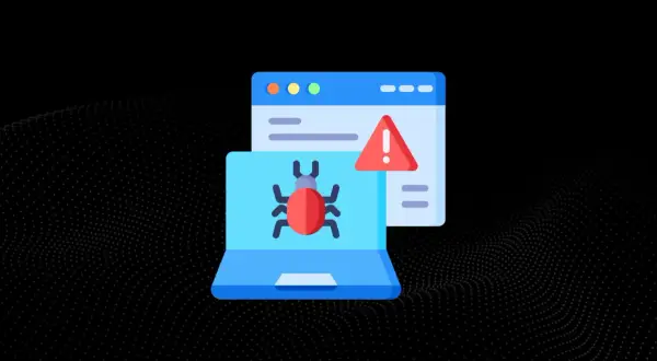 Komputer z czerwoną kropką (robakiem) i ostrzeżeniem. To ilustracja pokazująca, czym jest malware.