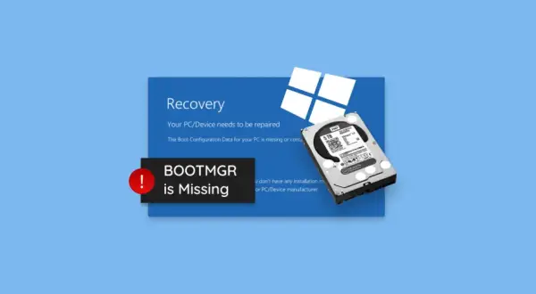 Komunikat o błędzie "BOOTMGR is Missing" na niebieskim tle, obok dysku twardego i logo Windows.