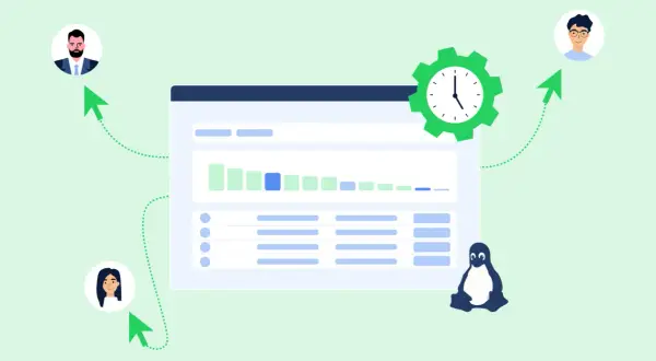 Grafika przedstawia pulpit z danymi, zegar i pingwina symbolizującego Linux. Wskaźniki pokazują przepływ informacji do użytkowników, sugerując efektywne zarządzanie czasem.