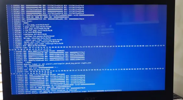 Ekran z niebieskim tłem i białym tekstem, informujący o błędzie "kernel panic". Widoczne są adresy pamięci i rejestry procesora.