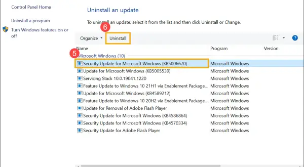 Jak odinstalować sterowniki: zaznacz aktualizację "Security Update for Microsoft Windows (KB5006670)" i kliknij "Uninstall".