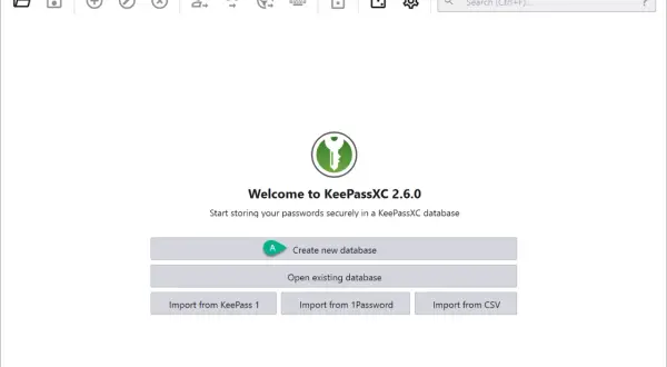 Ekran startowy KeePassXC 2.6.0, gdzie można stworzyć nową bazę danych lub otworzyć istniejącą. Bezpieczne przechowywanie haseł, jak na Niebezpiecznik.