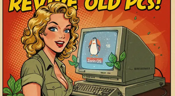 Retro pin-up dziewczyna obok starego komputera z Zorin OS. Napis "Revive Old PCs!" sugeruje, że Zorin Lite ożywi Twój stary sprzęt.