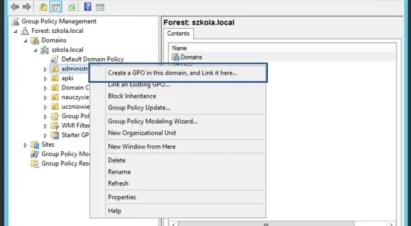 Zarządzanie zasadami grupy w Windows. Menu kontekstowe oferuje opcję "Utwórz GPO w tej domenie i połącz ją tutaj...", co pozwala na zarządzanie politykami.