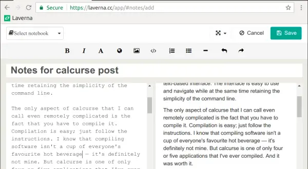 Notatki w aplikacji Laverna, tworzone są notatki o "calcurse post".