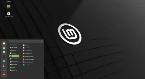 Menu startowe w systemie Linux Mint 20 z widocznym logo i aplikacjami biurowymi LibreOffice.