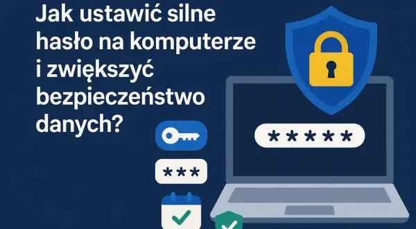 Jak ustawić hasło na komputerze? Ilustracja pokazuje laptop z polem hasła, ikonę klucza, gwiazdki i symbol tarczy z kłódką.