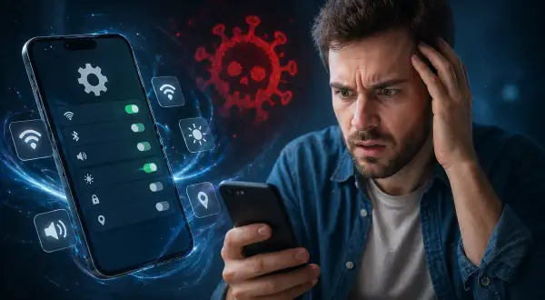 Przerażony mężczyzna patrzy na smartfon, z którego wyskakują ikony i symbol wirusa. Wygląda, jakby wirus wysyła smsy, przejmując kontrolę nad jego urządzeniem.