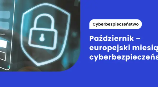 Palec dotyka ekranu z formularzem logowania, obok symbolu kłódki na tarczy. Październik to europejski miesiąc cyberbezpieczeństwa, przypominający o zasadach bezpiecznego internetu.