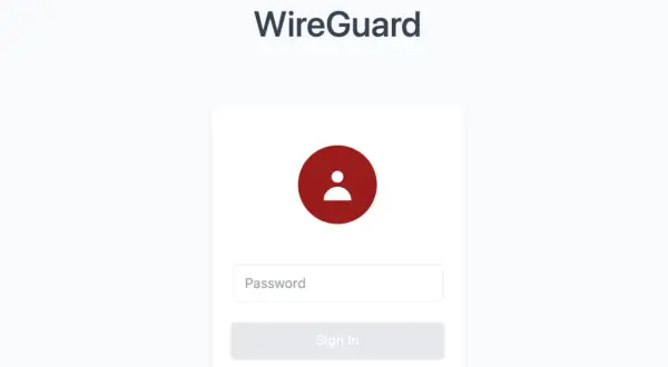Ekran logowania WireGuard VPN. Czerwone kółko z ikoną użytkownika, pole na hasło i przycisk "Sign In".