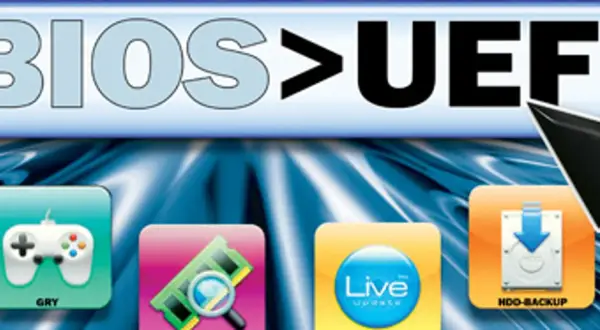 BIOS > UEFI. Ikony: gry, pamięć RAM, Live Update, HDD-Backup. Dowiedz się, uefi co to jest i dlaczego zastępuje BIOS.
