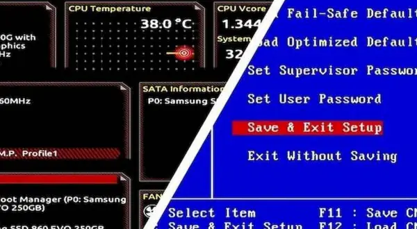 Ekran ustawienia BIOS. Widoczne informacje o temperaturze CPU, napięciu, danych SATA i opcje takie jak "Save & Exit Setup".