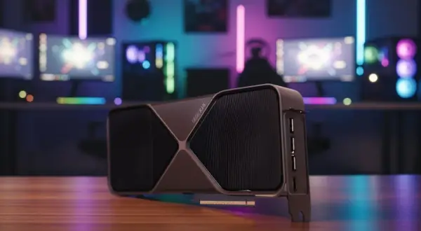 Najnowsza karta graficzna RTX 5090 na drewnianym blacie, w tle gamingowy setup z kolorowymi światłami RGB.