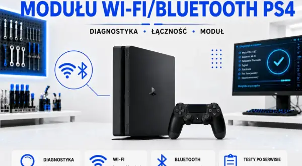 Konsola PS4 z kontrolerem, komputer z diagnostyką systemu. Wymiana modułu Wi-Fi/Bluetooth. Ta sieć Wi-Fi używa starszego standardu zabezpieczeń.