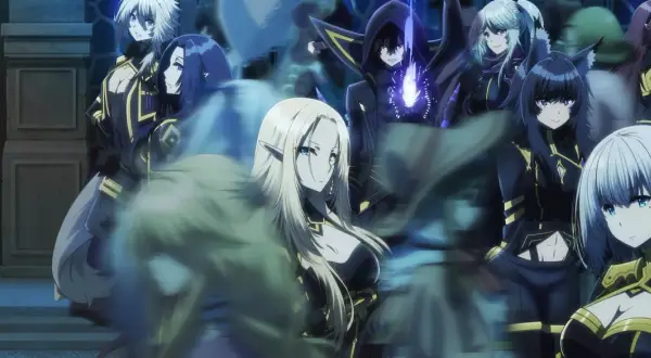 Grupa postaci z anime, w tym elfka z blond włosami i mężczyzna w kapturze z magicznym płomieniem, tworzą mroczny, weebowski klimat.