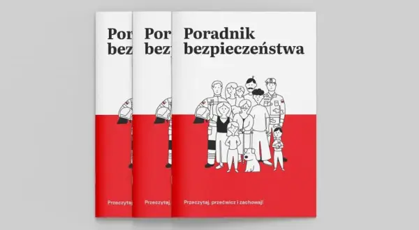 Poradnik bezpieczeństwa z rysunkami ludzi w mundurach i hasłem "Przeczytaj, przećwicz i zachowaj!". Nie ma tu żadnego hakera.