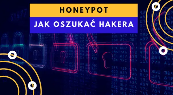 Grafika z napisem "HONEYPOT JAK OSZUKAĆ HAKERA" na tle kodu i zamków.