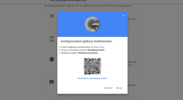 Konfiguracja aplikacji Authenticator do weryfikacji dwuetapowej. Skanuj kod QR, aby dodać konto i uzyskać kod 2FA.
