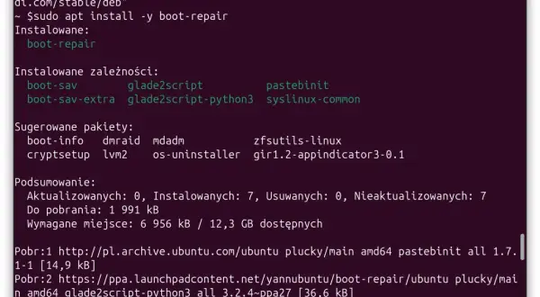 Instalacja pakietu boot-repair w terminalu. Wymagane pliki są pobierane, aby zapewnić prawidłowe działanie narzędzia do naprawy rozruchu.