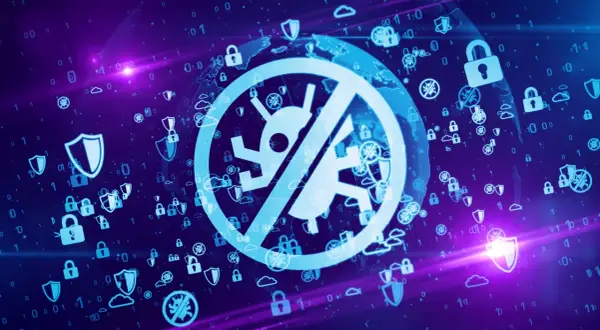 Cyfrowy świat chroniony przez antivirus scanner. Ikony tarcz, kłódek i symbol zakazu wirusów na tle kodu binarnego i globusa.