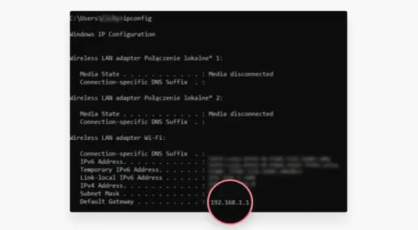 Wynik polecenia ipconfig pokazuje, jak sprawdzić IP komputera. Widoczny jest adres IPv4: 192.168.1.1.