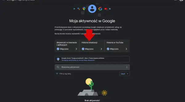 Strona Moja aktywność Google. Możesz tu zarządzać historią lokalizacji, YouTube i innymi. Ułatwia to usuwanie aktywności Google.