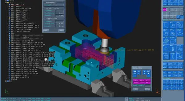 Symulacja obróbki w Linux CNC, gdzie frez wirtualnie obrabia element.