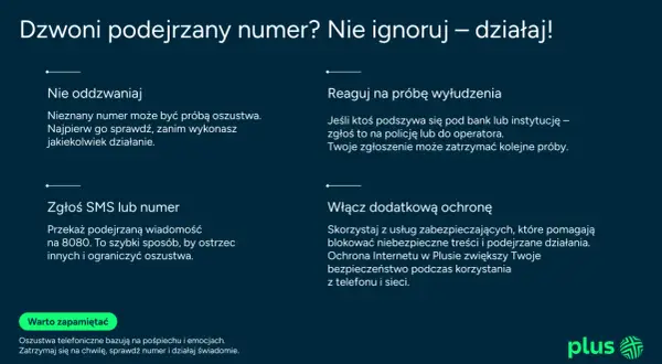 Nie ignoruj podejrzanych numerów, to może być spoofing. Sprawdź, zgłoś SMS na 8080 lub włącz ochronę w Plusie.