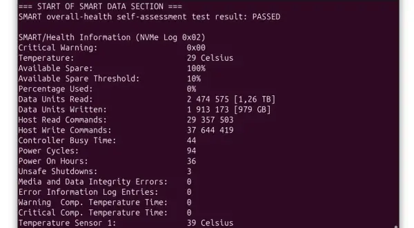 Wynik testu SMART dysku: PASSED. Ten program do sprawdzania dysków pokazuje temperaturę 29°C, 1,26 TB odczytu i 979 GB zapisu.