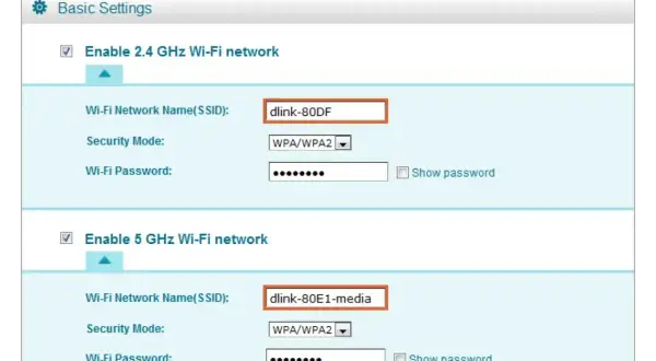Ustawienia routera: nazwa sieci Wi-Fi (SSID) to "dlink-80DF" dla pasma 2.4 GHz i "dlink-80E1-media" dla 5 GHz.