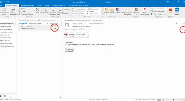 Ikona s/mime outlook z datą 12:14, wskazująca na otrzymaną umowę od Jana Kowalskiego.