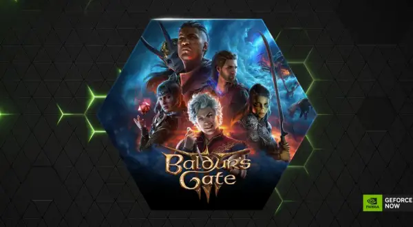 Postać z Baldur's Gate 3 w centrum, otoczona innymi bohaterami. Dowiedz się, jak działa GeForce Now, by grać w tę grę.