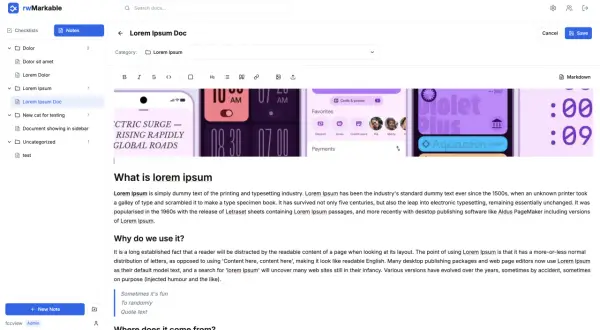 Notatka na pulpicie z tekstem "Lorem Ipsum Doc".