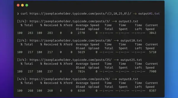 Terminal z poleceniem curl pobierającym dane z API. Widzimy postęp pobierania, prędkość i czas. Curl to narzędzie do transferu danych.
